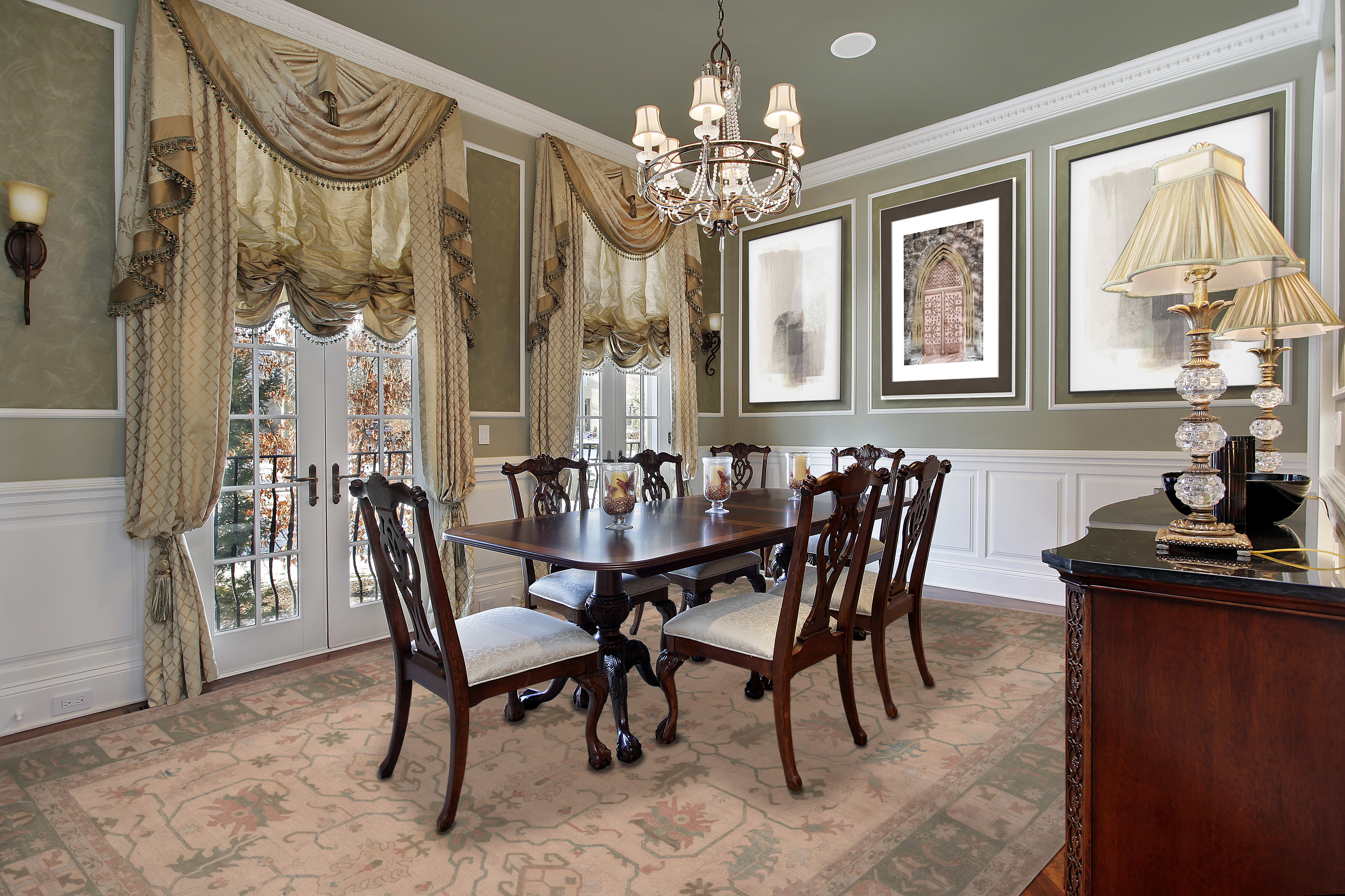 Traditional Beige Green 17x25 Rug in Dining room 