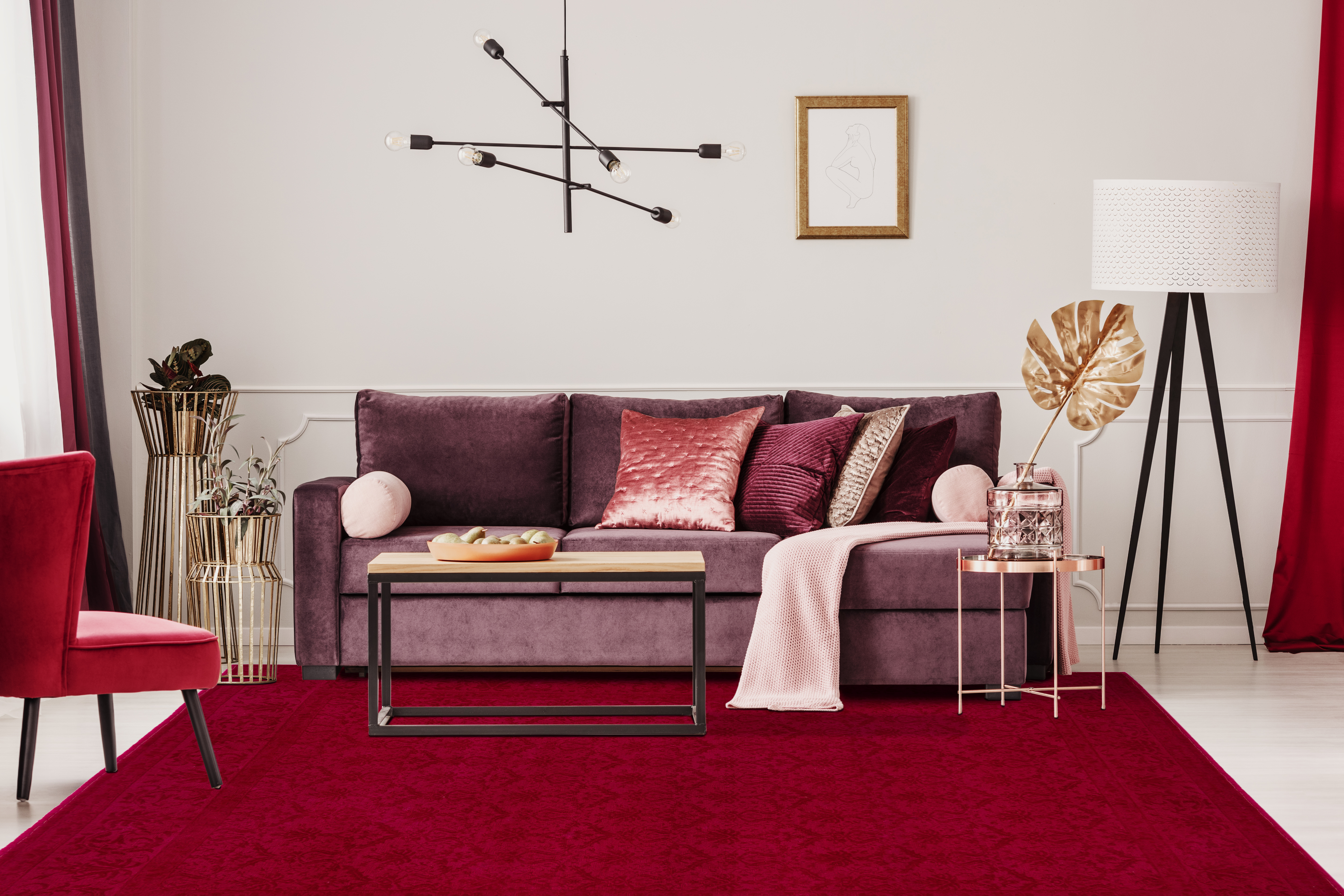 Transitional Red Area Rug in living room	