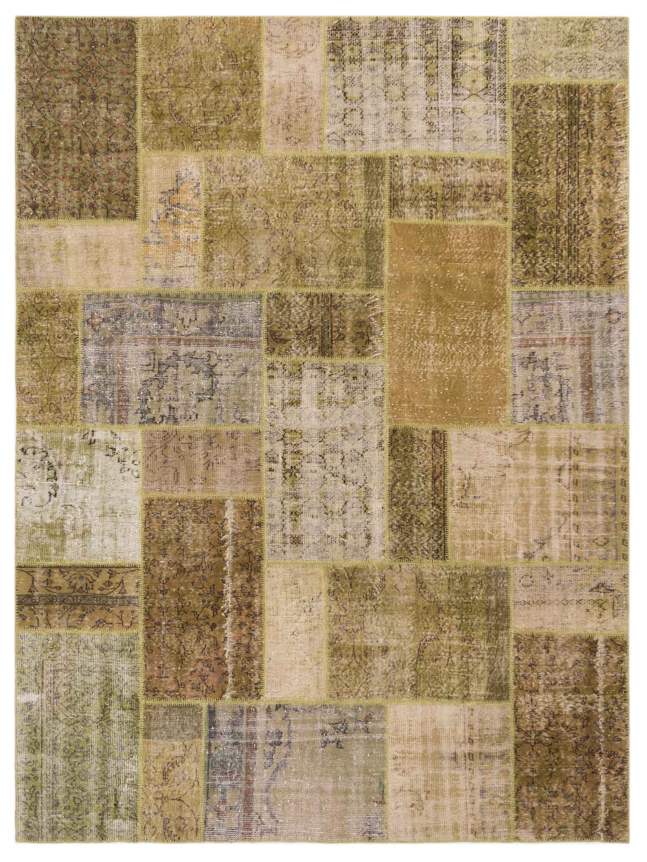 Green patchwork hand-knotted Turkish area rug	
