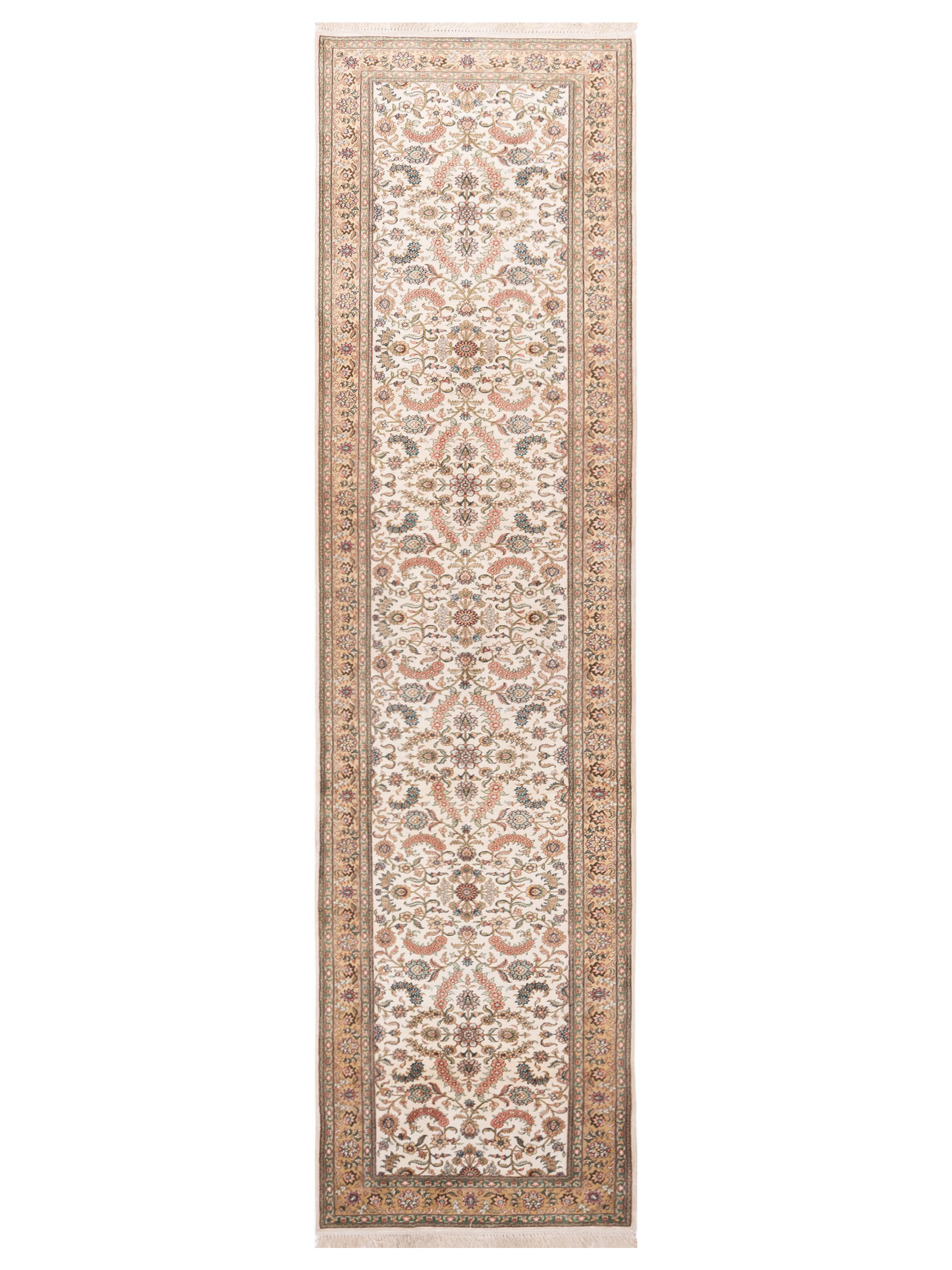 Pure Silk Traditional Ivory Gold runner rug	