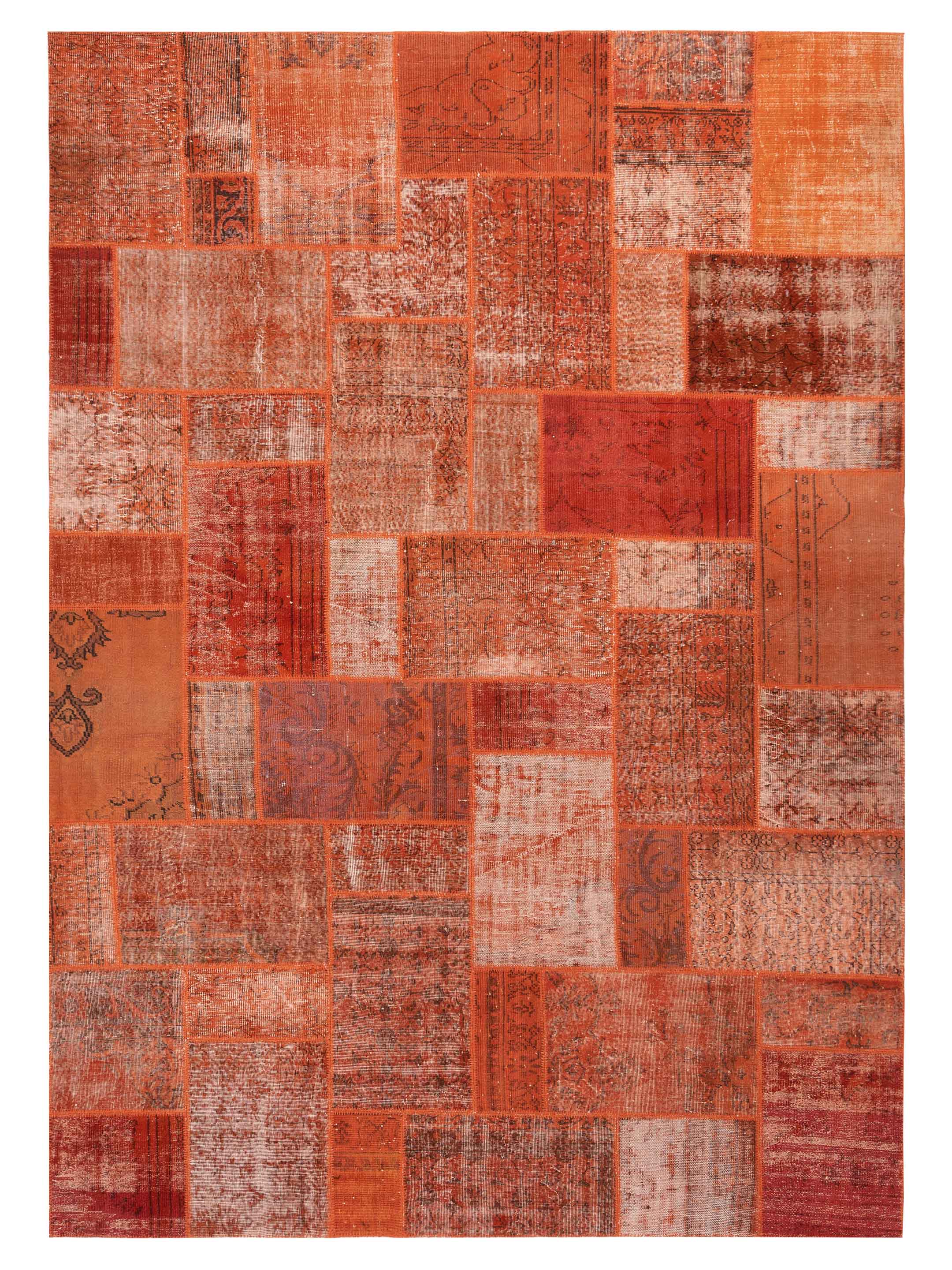 Red rust orange patchwork hand-knotted Turkish area rug	