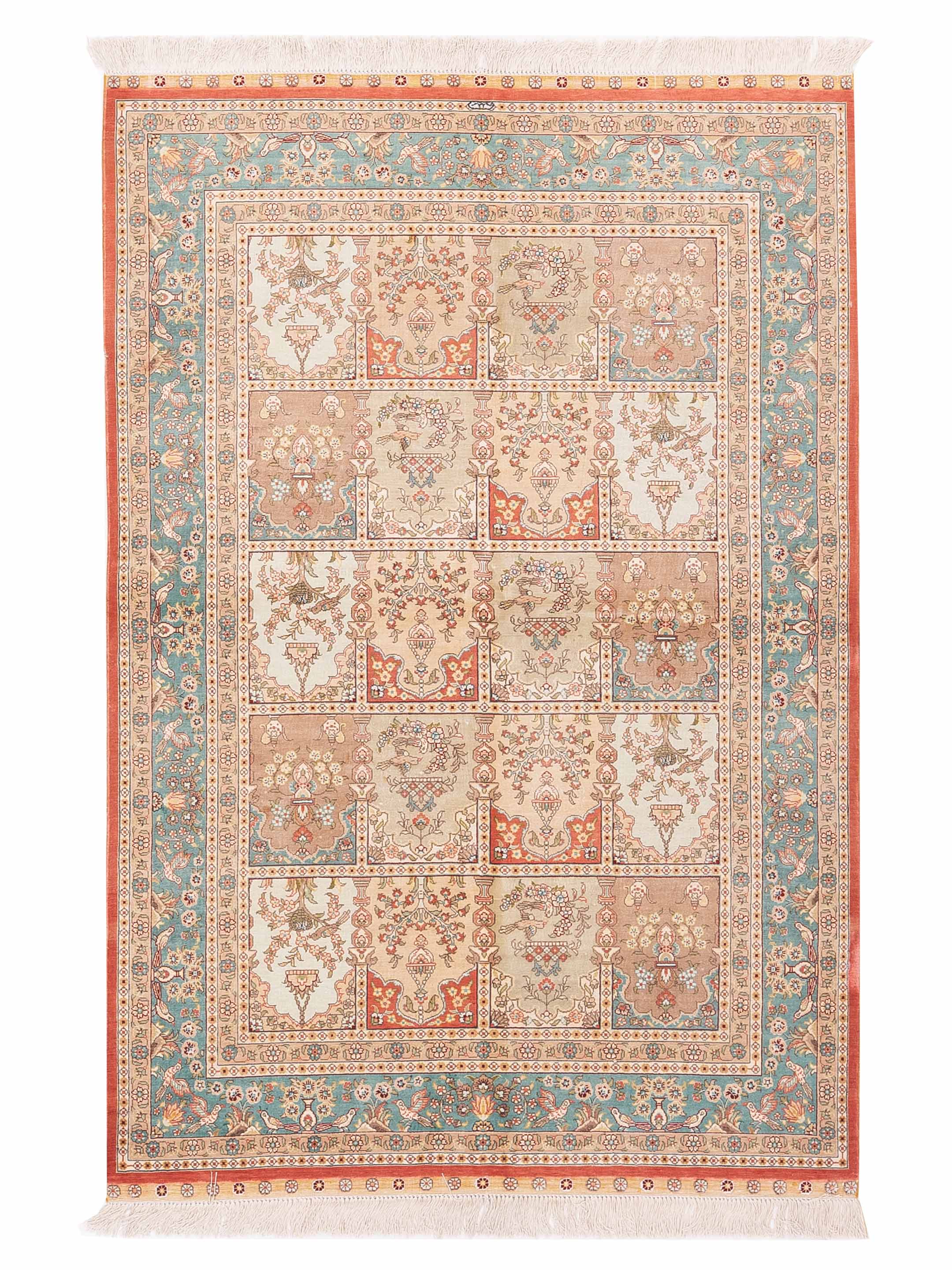 Pure Silk Traditional Beige Blue Checkered Inspired Rug