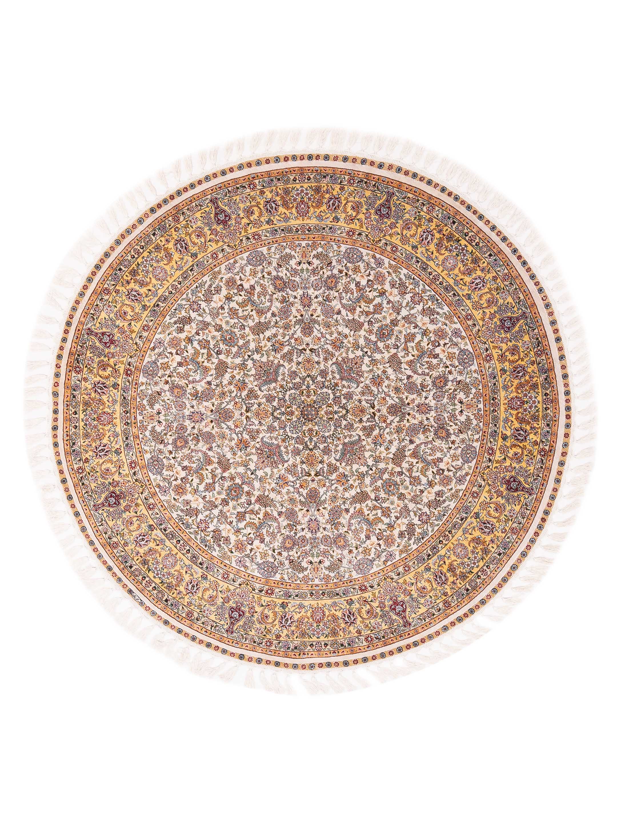 Pure Silk Traditional Ivory Gold 5x5 Round Area Rug	