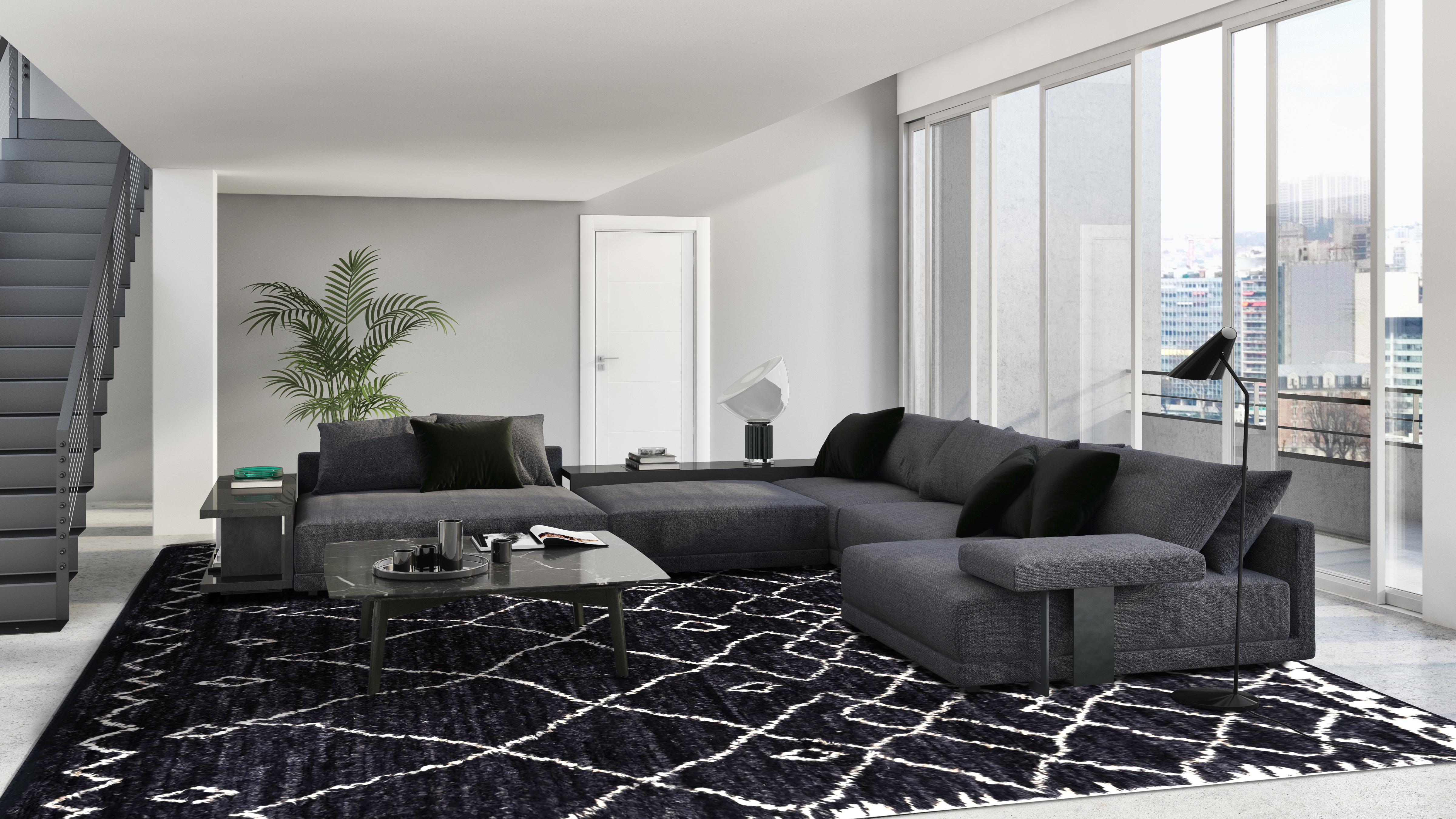 black and white contemporary area rug in living room	