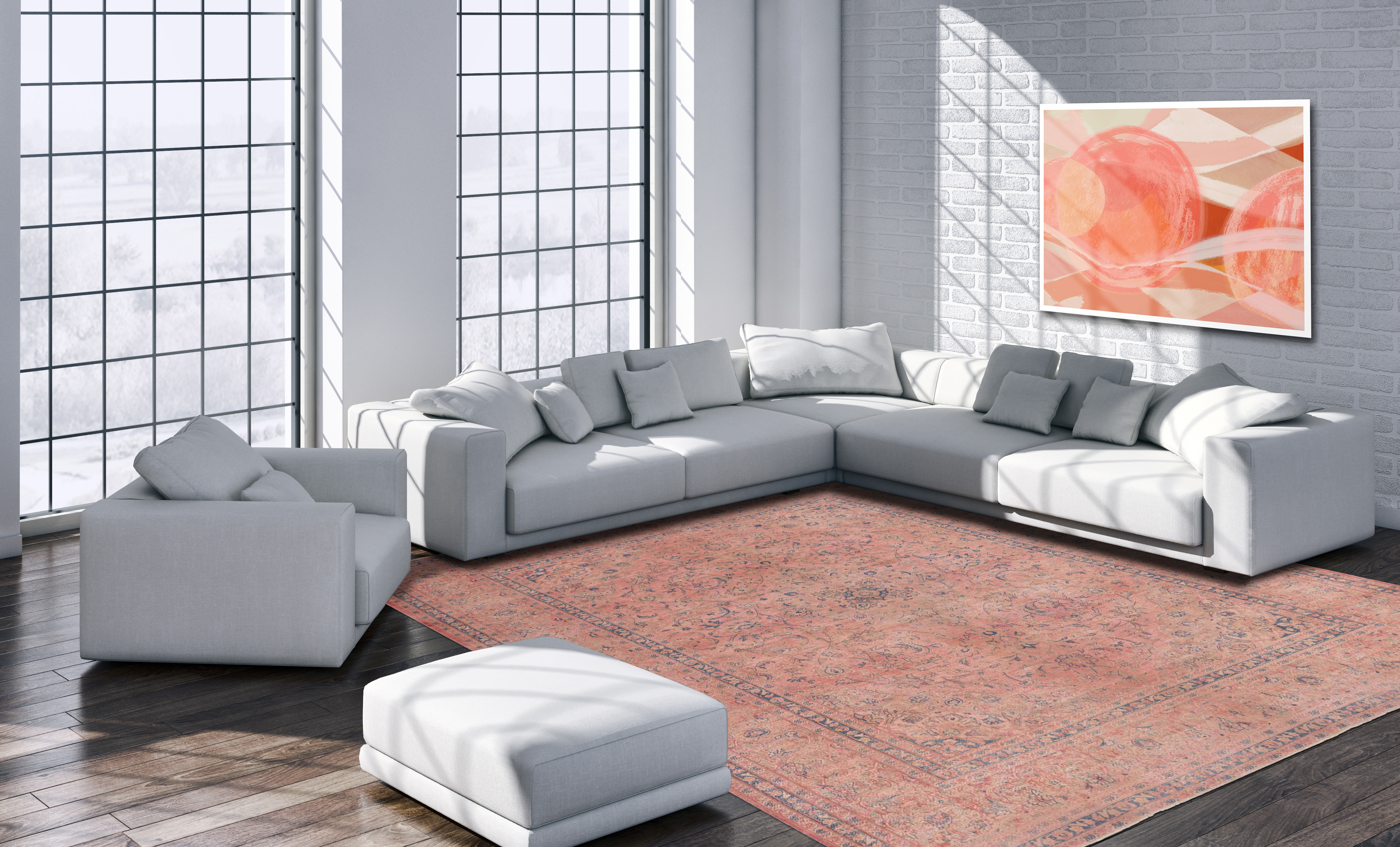 Vintage Contemporary Pink 9x12 Area Rug in Living room with gray couch	