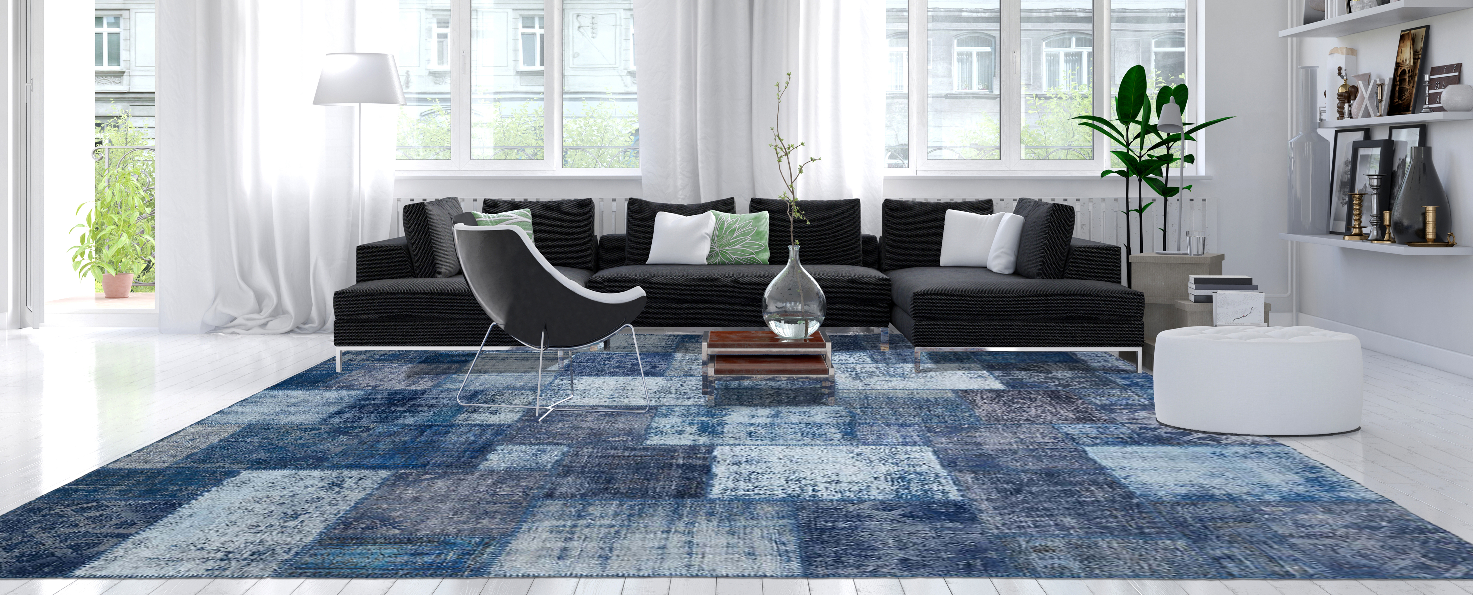 Turkish Vestige Patchwork Contemporary Indigo area rug in living room