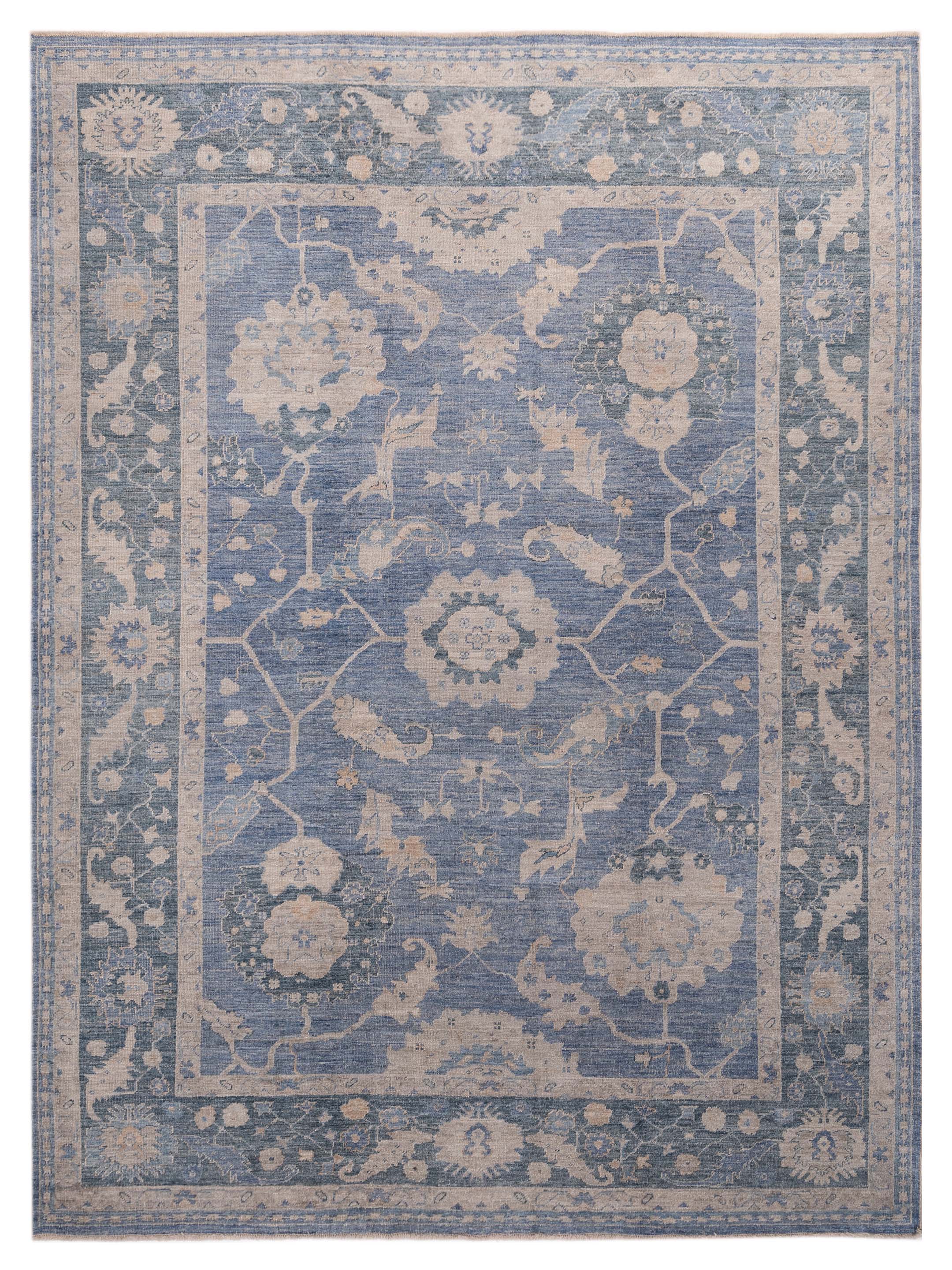 Blue Ivory hand-knotted Turkish oushak rug